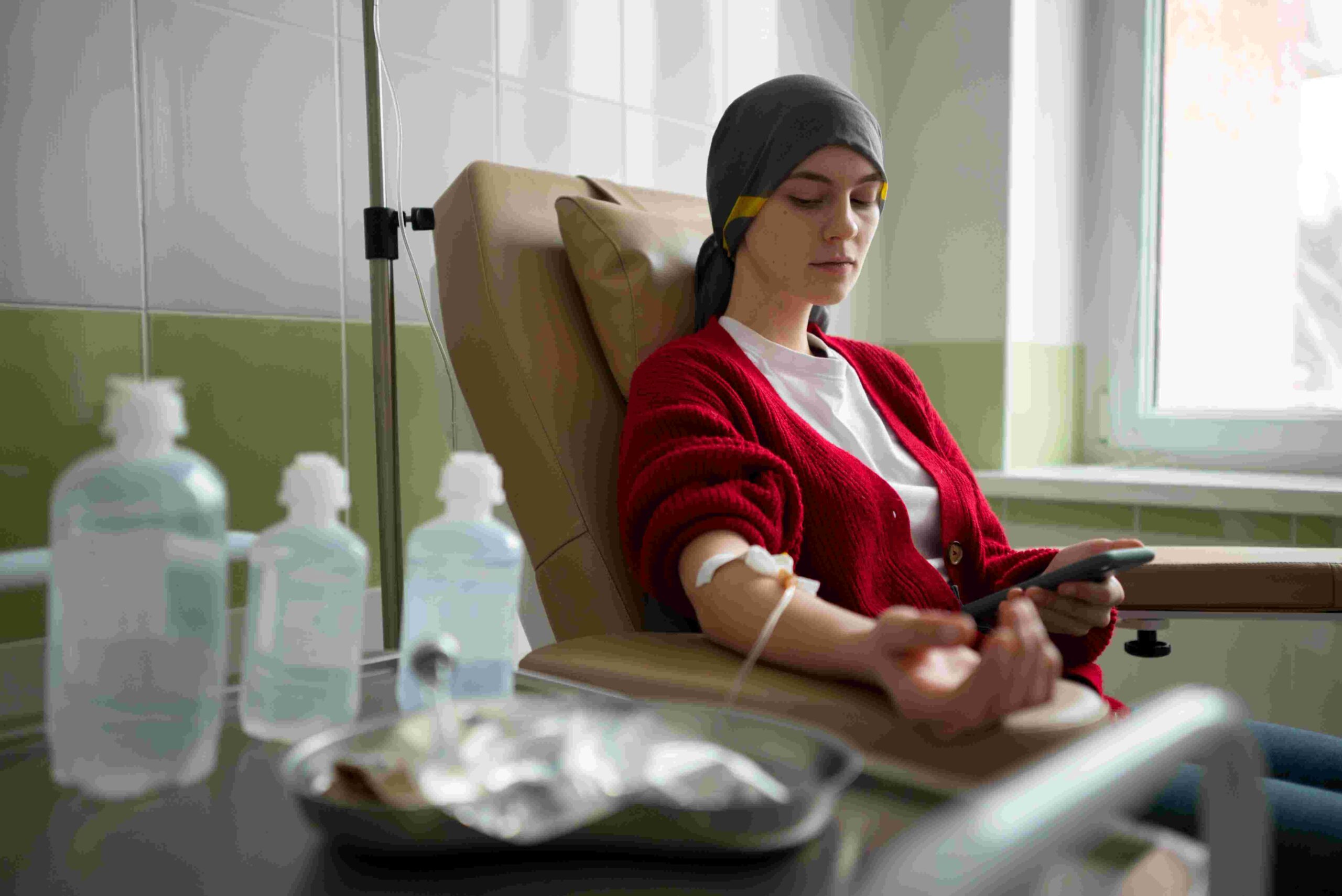 Chemotherapy Cost in India Patient receiving chemotherapy infusion at accredited Indian hospital